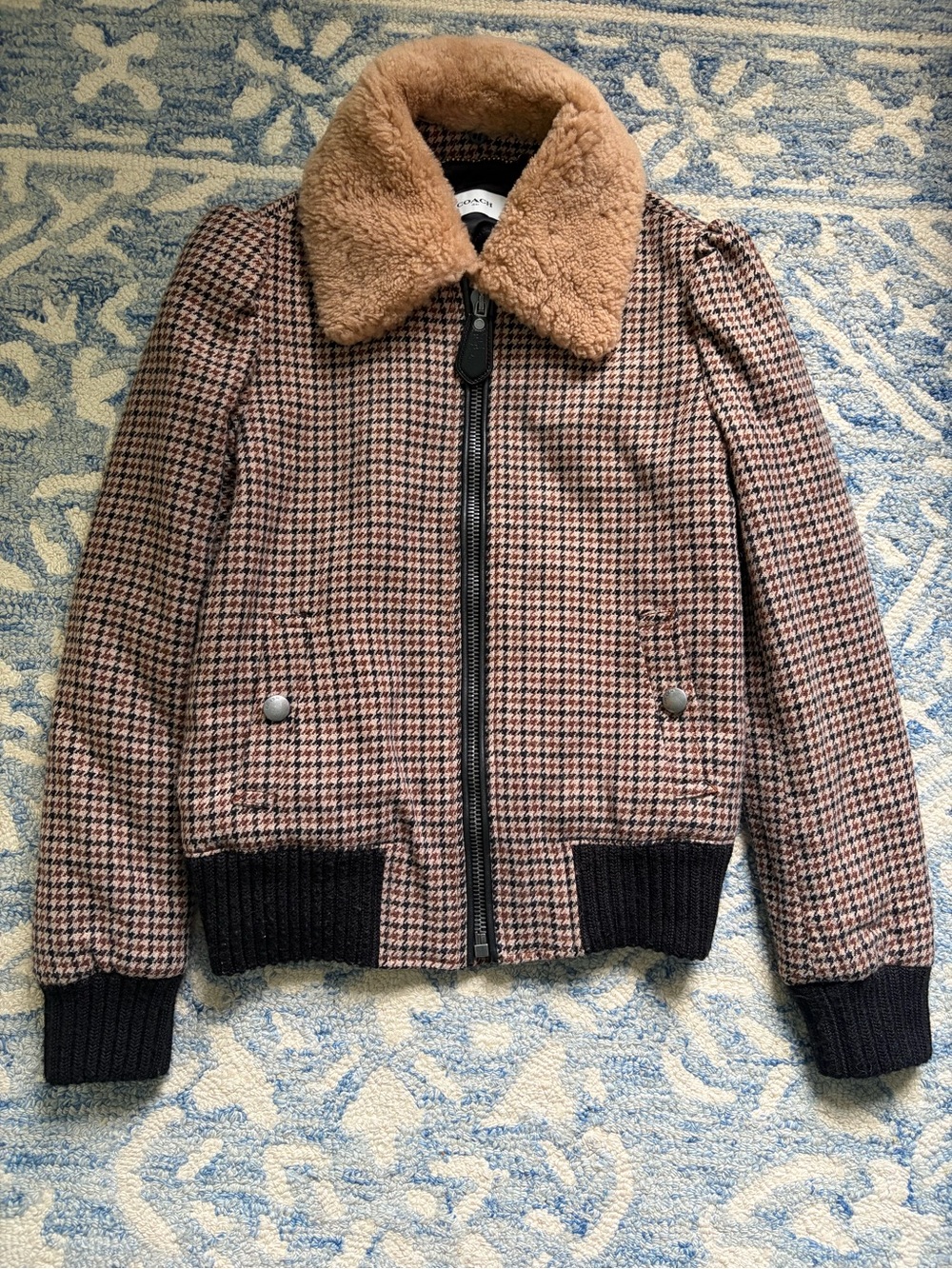 COACH Check Plaid Bomber Jacket Brown Print Coat Shearling Collar Size XS 0